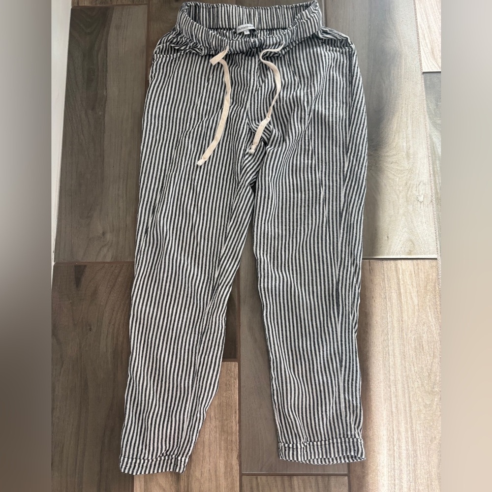 Olivaceous Blue & White Striped Joggers W/ a drawstring and pockets.Soft n Light